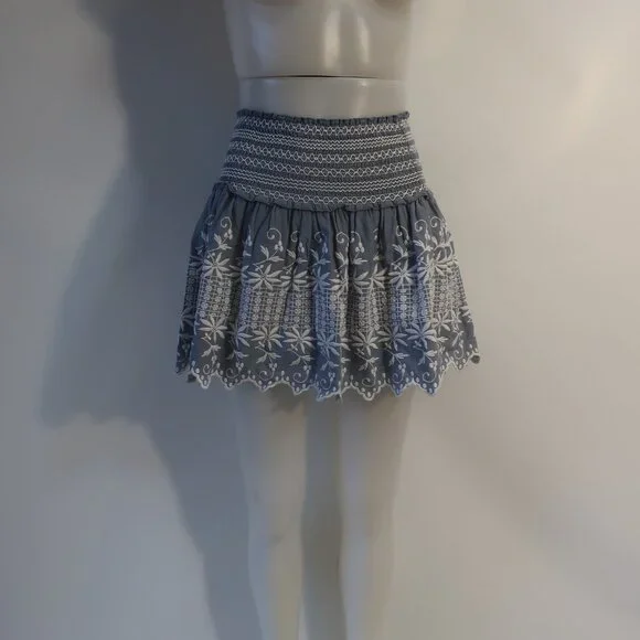Womens LoveShackFancy Georgia Light Indigo Blue White Embroidered A-Line Skirt 0 - Picture 5 of 8